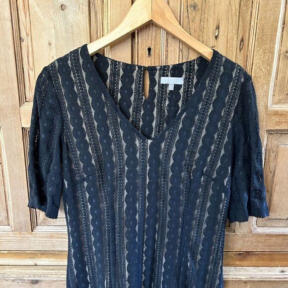 Ellie Kai 6 Black Lace Dress Short Sleeves V-Neck Classic Timeless Shift - Picture 2 of 11